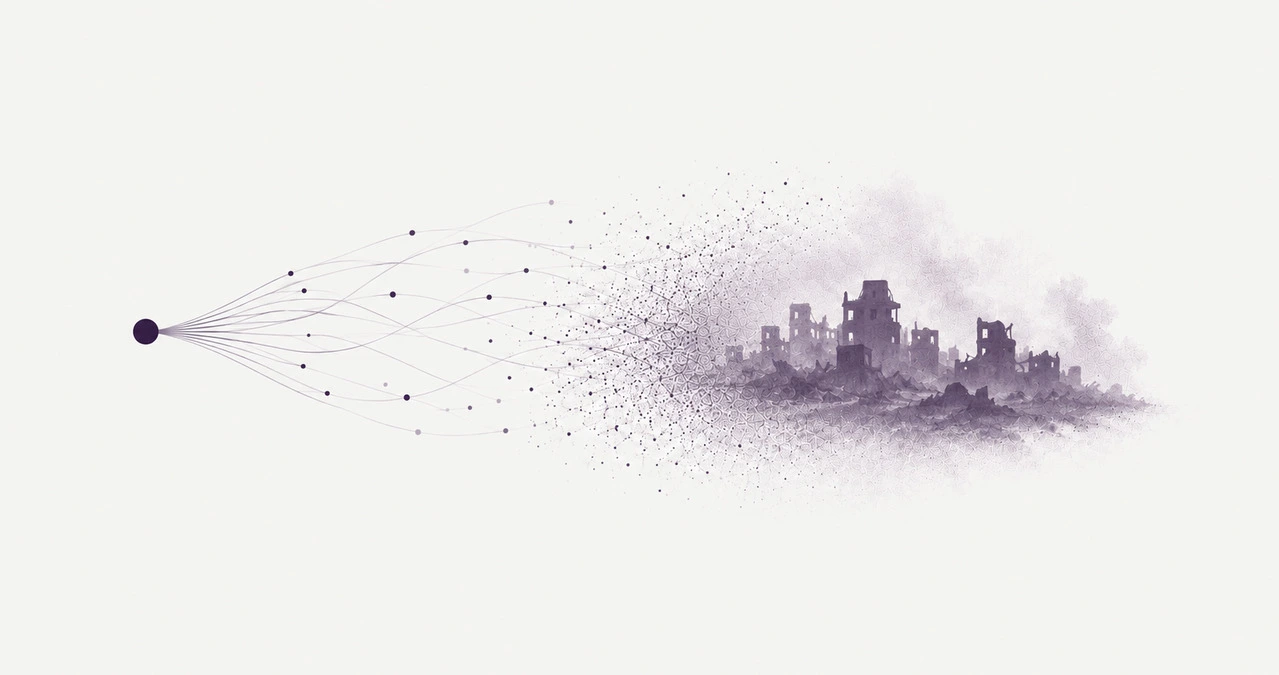 Lines from a single point scatter into dots that resolve into the silhouette of ruined buildings.