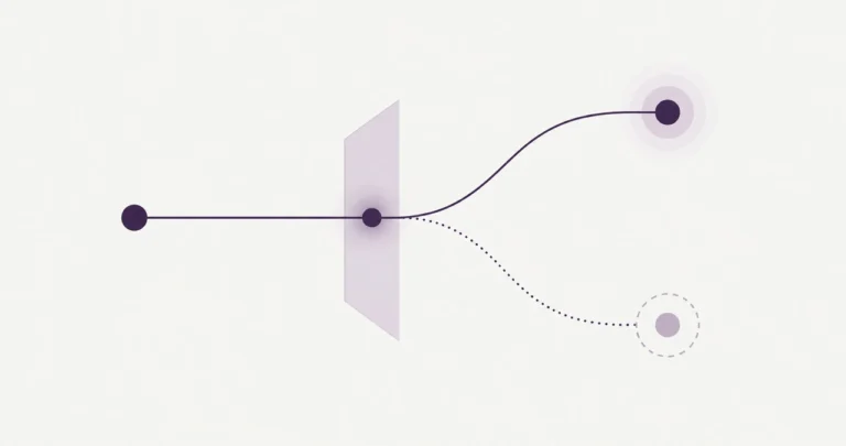 A solid line meets a glowing node on a pale panel, then splits: one solid curve to a filled circle with halos, one dotted curve to a pale circle in a dashed outline.