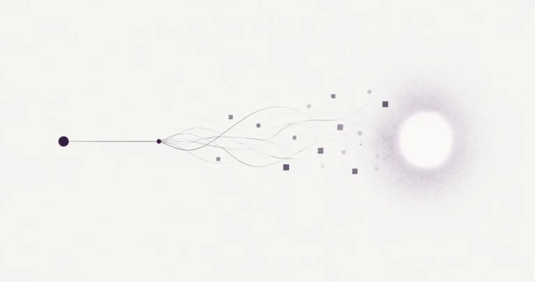 One dark line branches into curving strands that scatter into small shapes and dissolve into a bright haze.