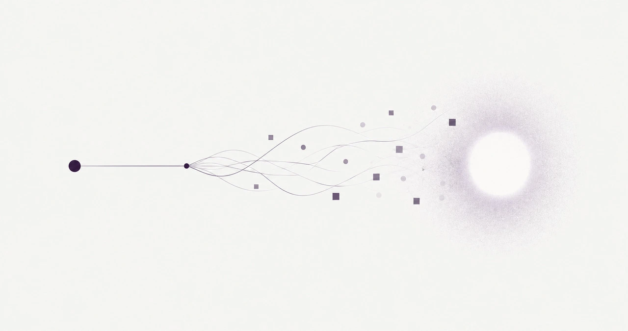 One dark line branches into curving strands that scatter into small shapes and dissolve into a bright haze.
