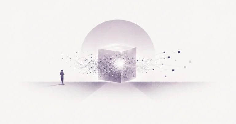 Une silhouette observe un cube translucide : des fils y entrent à gauche, s'y nouent en un enchevêtrement lumineux, et ressortent à droite en carrés épars.