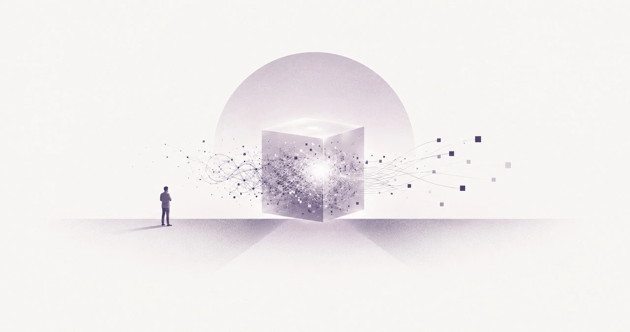 Une silhouette observe un cube translucide : des fils y entrent à gauche, s'y nouent en un enchevêtrement lumineux, et ressortent à droite en carrés épars.