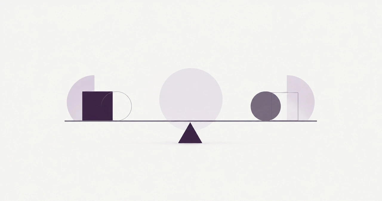 A nearly level balance: a solid square and outlined circle on one side, a solid circle and outlined square on the other.