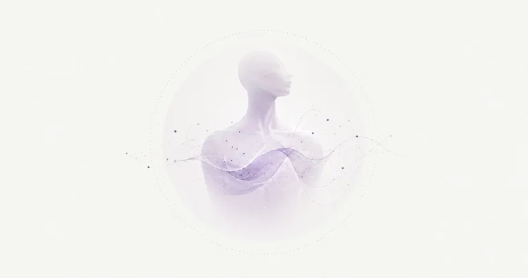 Un buste humain pâle traversé d'ondes de points fins qui se prolongent au-delà de lui.