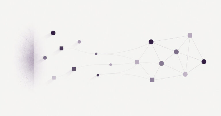 Linked nodes on the right; to the left the links fade and the shapes stand apart against a grainy band.