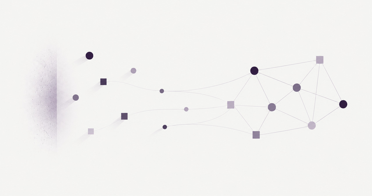 Linked nodes on the right; to the left the links fade and the shapes stand apart against a grainy band.