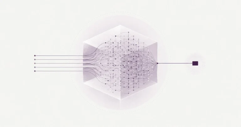 Cinq lignes entrent dans un cube translucide, s'y démultiplient en treillis, et une seule en ressort vers un petit carré sombre.
