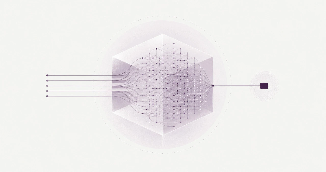 Cinq lignes entrent dans un cube translucide, s'y démultiplient en treillis, et une seule en ressort vers un petit carré sombre.