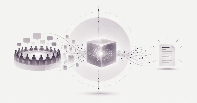 Une assemblée circulaire surmontée de bulles de parole ; ses documents et ses fils traversent un cube translucide lumineux et aboutissent à une page unique.