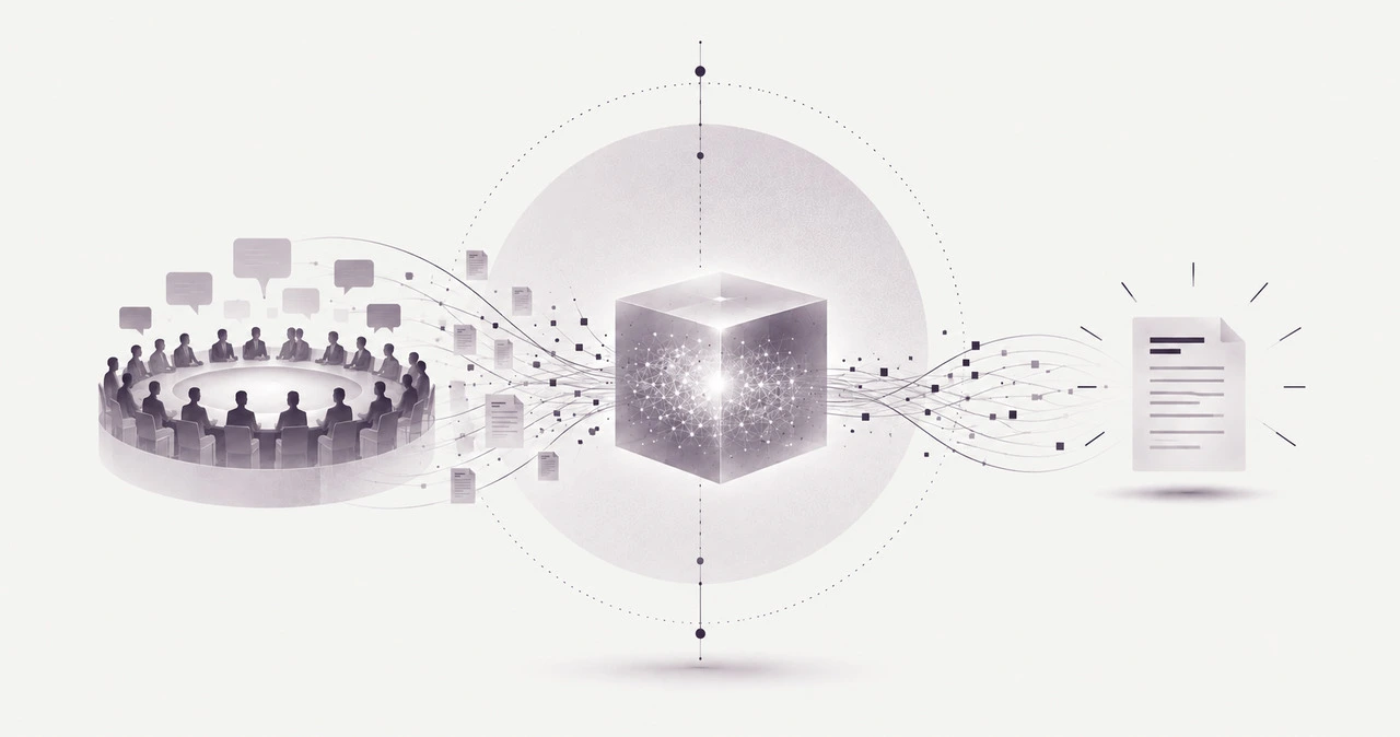Une assemblée circulaire surmontée de bulles de parole ; ses documents et ses fils traversent un cube translucide lumineux et aboutissent à une page unique.