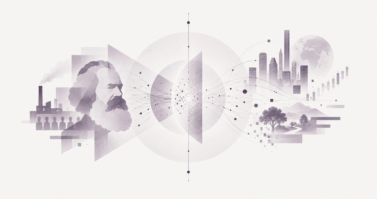 A la izquierda, una fábrica, figuras obreras y el perfil de Marx; a la derecha, rascacielos, un globo y gráficos bursátiles, separados por un plano vertical.