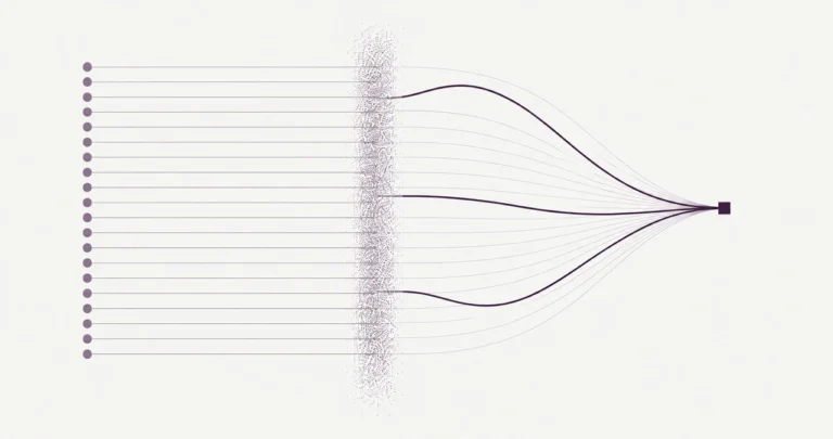 Vingt cercles identiques émettent des lignes de même épaisseur ; après une bande de particules, trois deviennent épaisses et sombres, les autres presque invisibles, toutes menant à un carré unique.