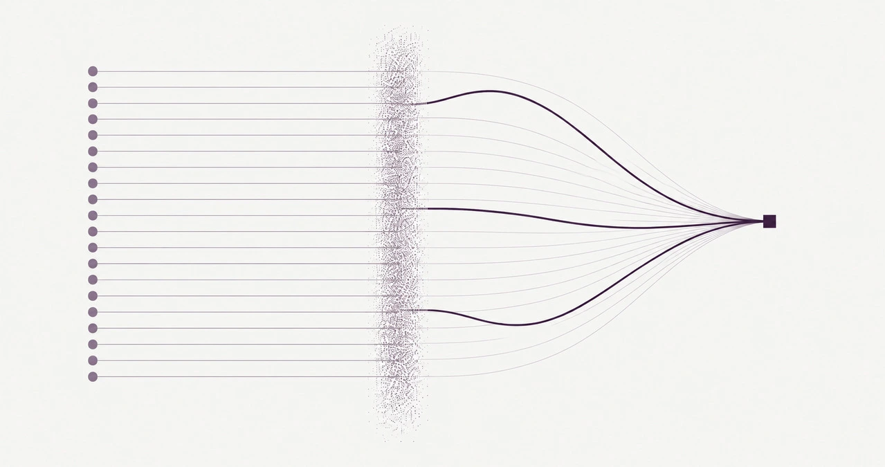 Vingt cercles identiques émettent des lignes de même épaisseur ; après une bande de particules, trois deviennent épaisses et sombres, les autres presque invisibles, toutes menant à un carré unique.
