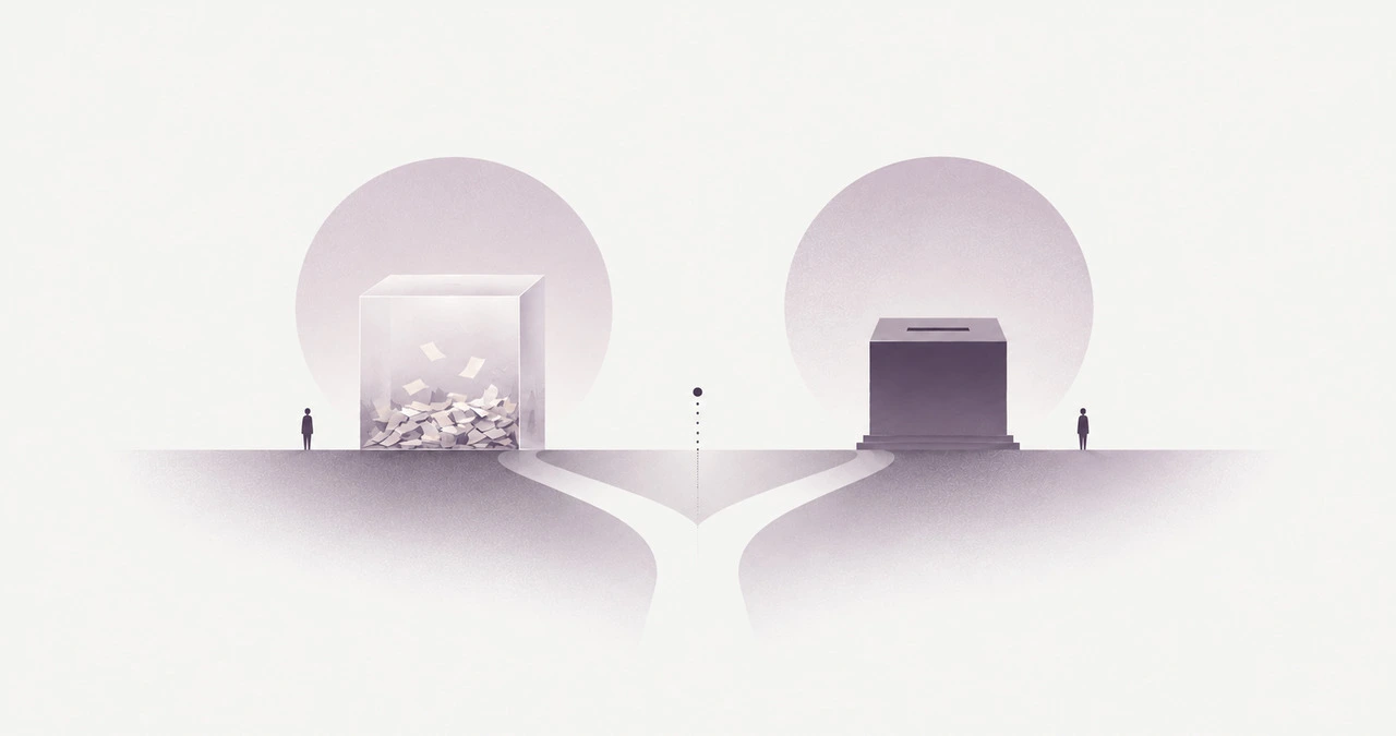 Un chemin bifurque vers un cube transparent rempli de papiers pliés et vers une urne sombre posée sur un socle.