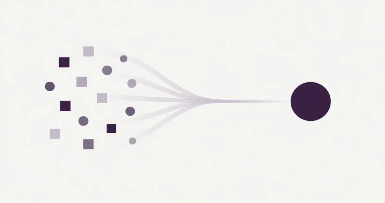 Many small varied shapes on the left funnel into a single line ending in one large dark circle.