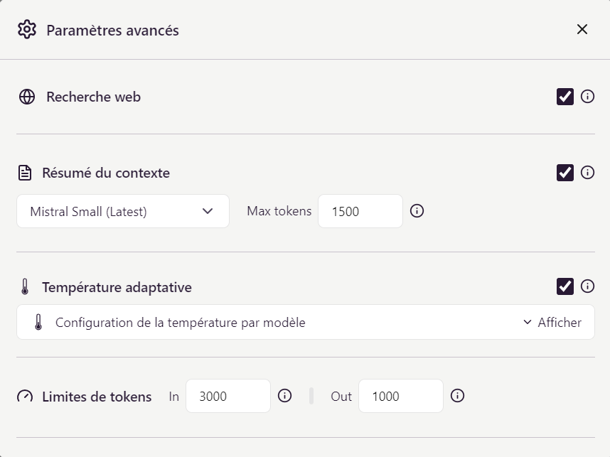 vue des parametres avances