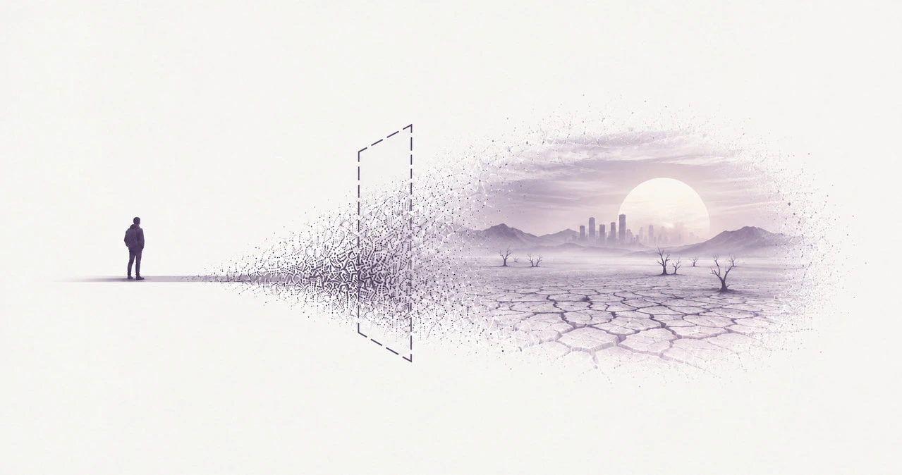 Face à un cadre en pointillés, une silhouette regarde des particules composer une terre craquelée aux arbres morts, avec une ville au loin.