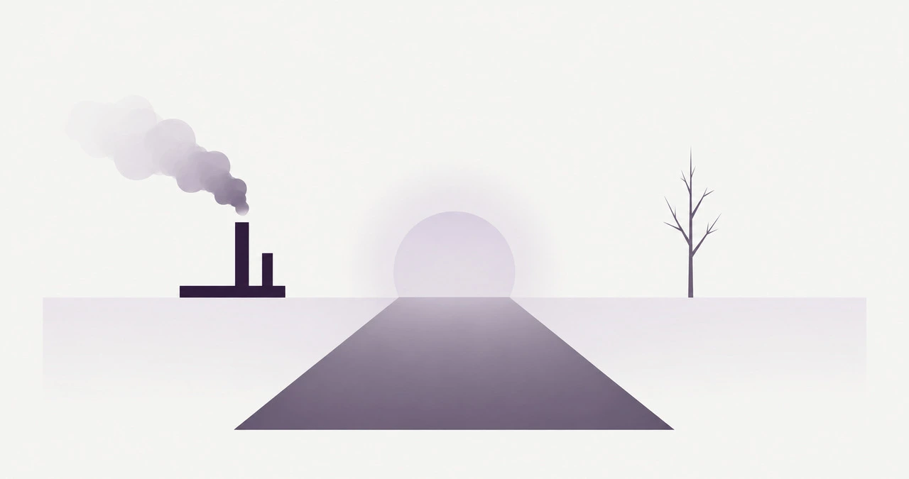 A dark road recedes to a pale sun on the horizon, between a smoking factory and a bare tree. No figures.