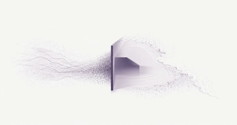 Un flux de fines particules venu de la gauche rencontre une paroi sombre ; au-delà, il se poursuit en une traîne dispersée.