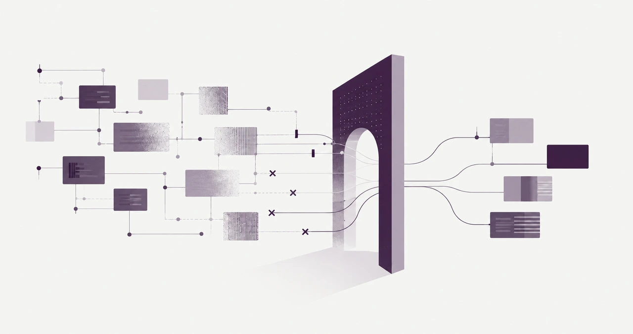 Document blocks feed lines toward a dark archway; some end in an ×, fewer continue beyond it.
