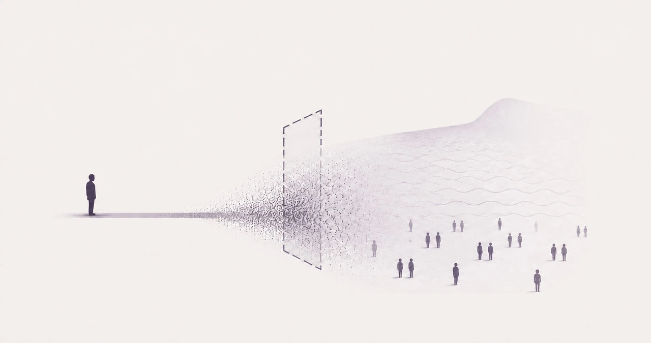 Une silhouette humaine se dissout en points qui traversent un cadre en pointillés ; à droite, de nombreuses silhouettes pâles dispersées.