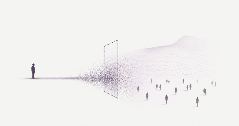 Une silhouette humaine se dissout en points qui traversent un cadre en pointillés ; à droite, de nombreuses silhouettes pâles dispersées.