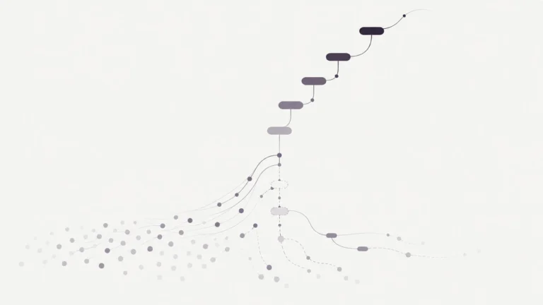 Abstract career ladder whose lowest rungs are missing: a crowd of workers converges on it, while some paths drift sideways and fade out.