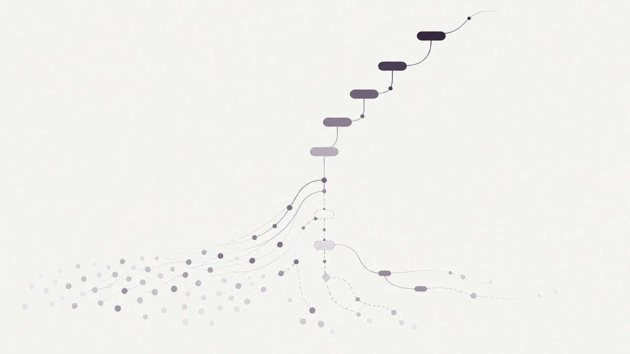 Abstract career ladder whose lowest rungs are missing: a crowd of workers converges on it, while some paths drift sideways and fade out.