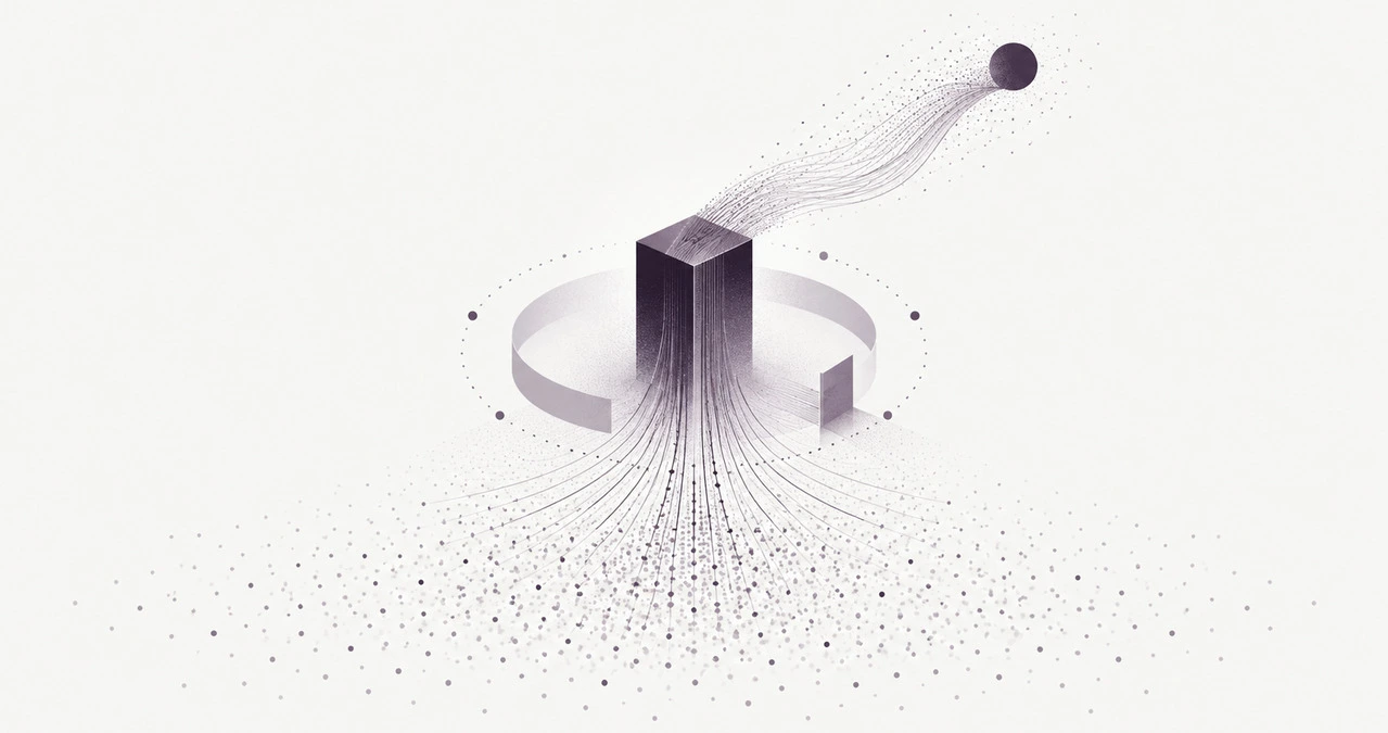 Scattered points converge in strands toward a dark block standing within an open circle; from the top of the block, a stream flows toward a sphere beyond the circle.