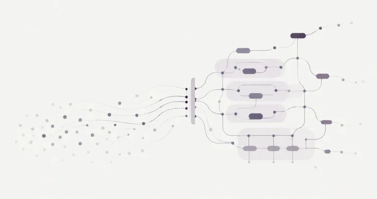 Schéma abstrait de flux d’accès à l’emploi en France de multiples trajectoires convergent vers un seuil étroit, puis se redistribuent dans un réseau structuré.