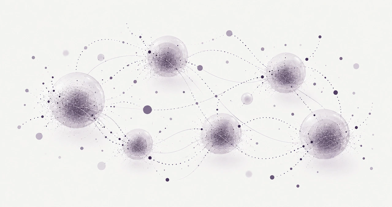 Abstract illustration of interconnected autonomous systems, shown as translucent nodes linked by dotted and curved lines